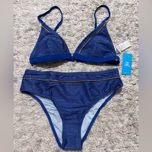 Cupshe Womens Blue Metallic Shimmer Bikini Set High Waist Gold Trim medium nwt